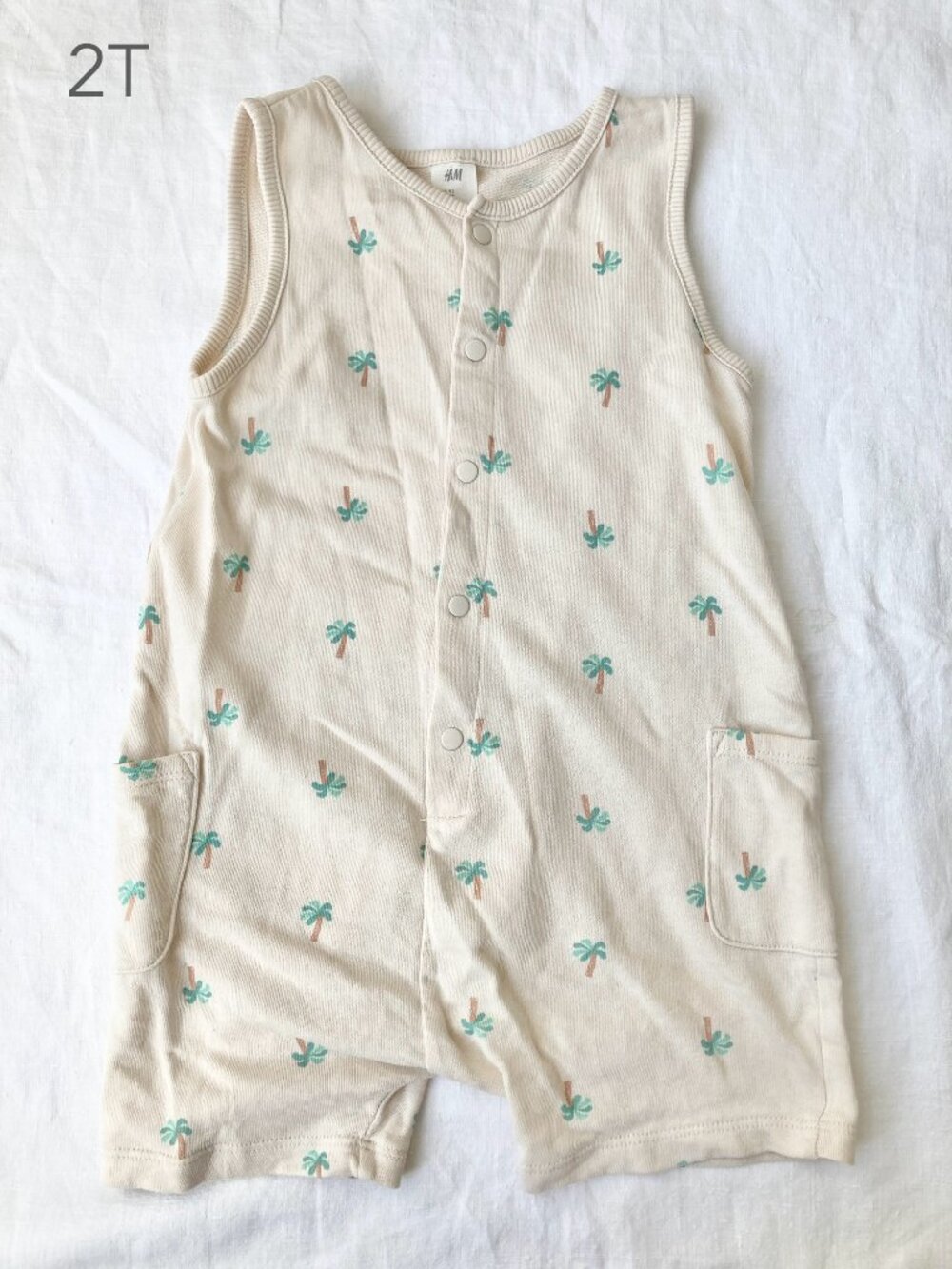 💙2/$25 H&M 2T Toddler Palm Trees Cream Sleeveless Romper Summer Beach Neutral